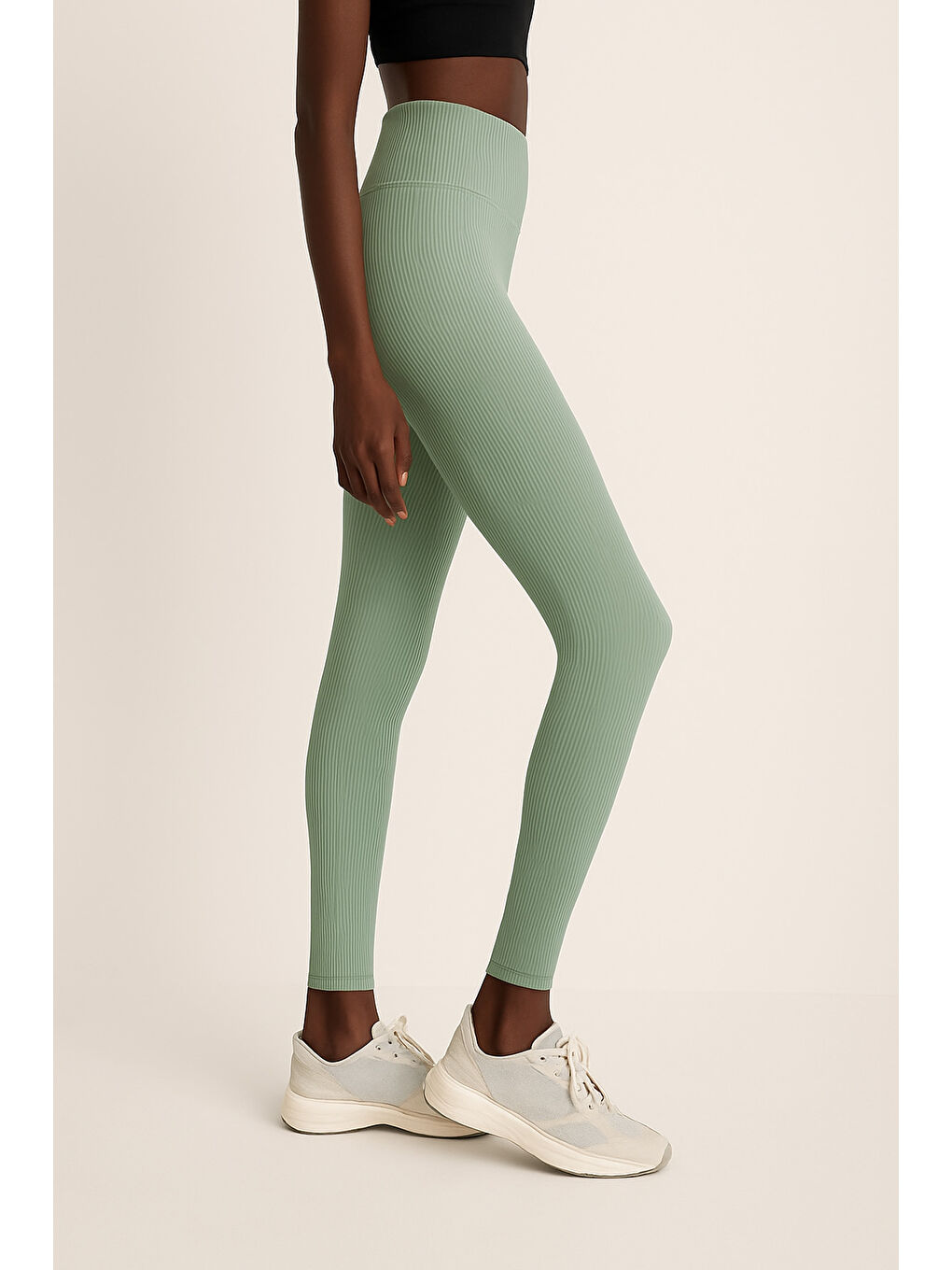 Yeşil Yüksek Bel Toparlayıcı Ripli Fitilli Spor Kadın Tayt-1