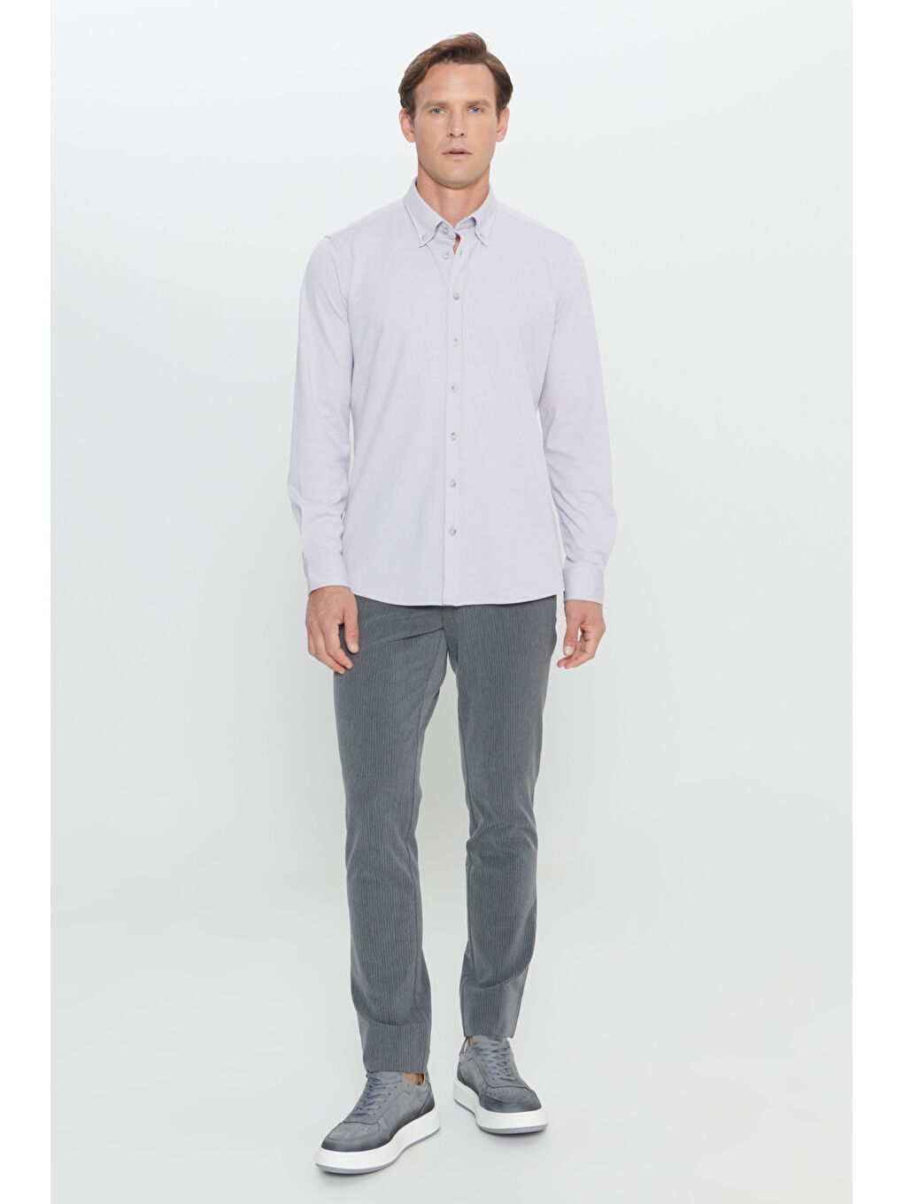 Erkek Gri Comfort Fit Geniş Kesim Düğmeli Yaka Pamuklu Gömlek-1