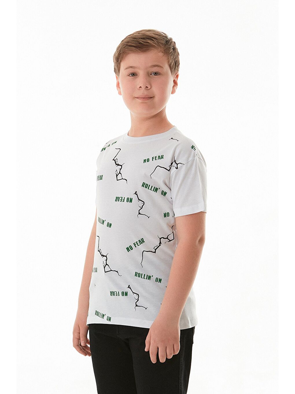 Beyaz %100 Pamuk No Fear Baskılı Erkek Çocuk Tişört-3