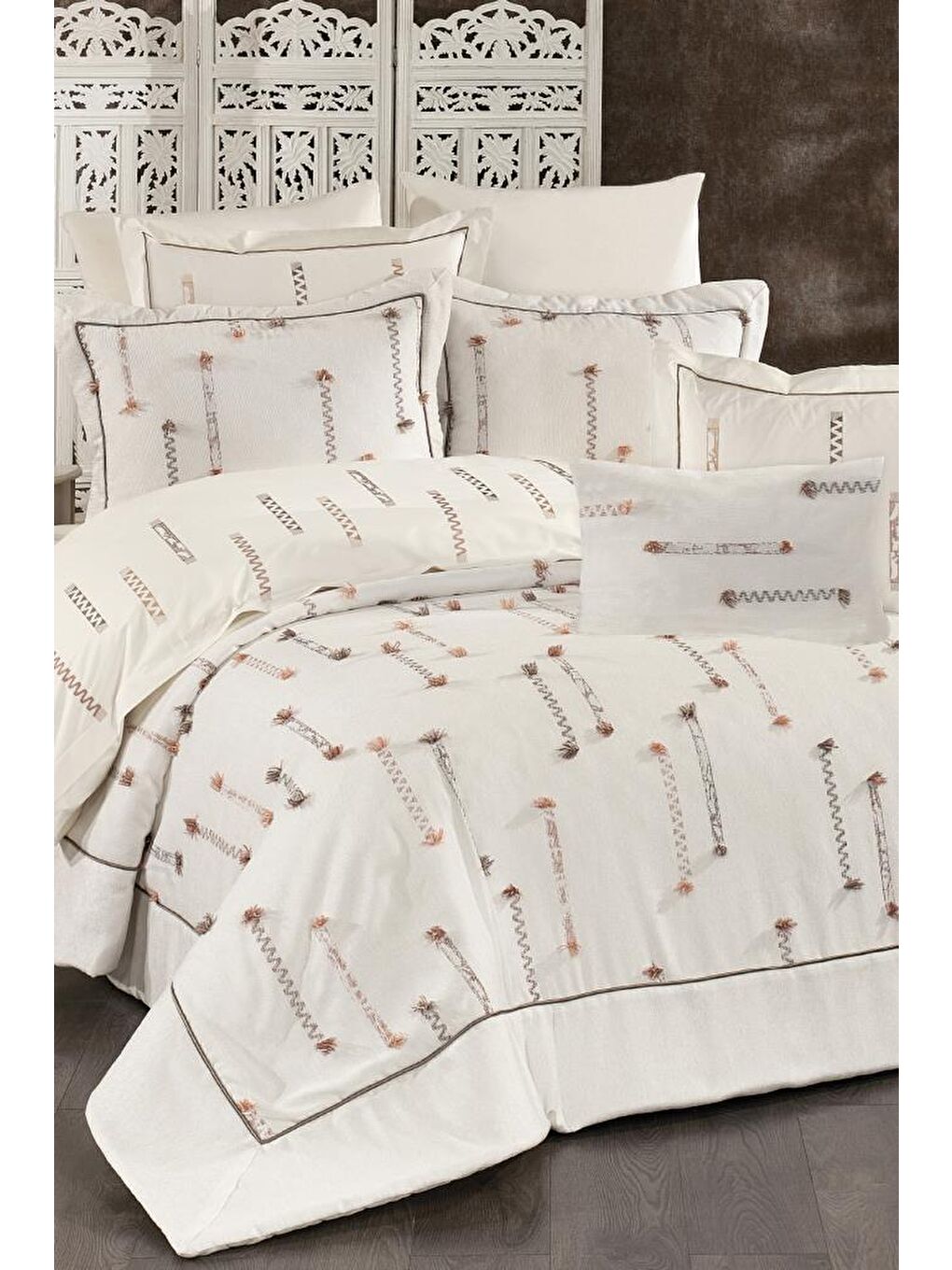 Karışık Çise 10 Parça Çift Kişilik Çeyiz Seti Krem - Kahverengi