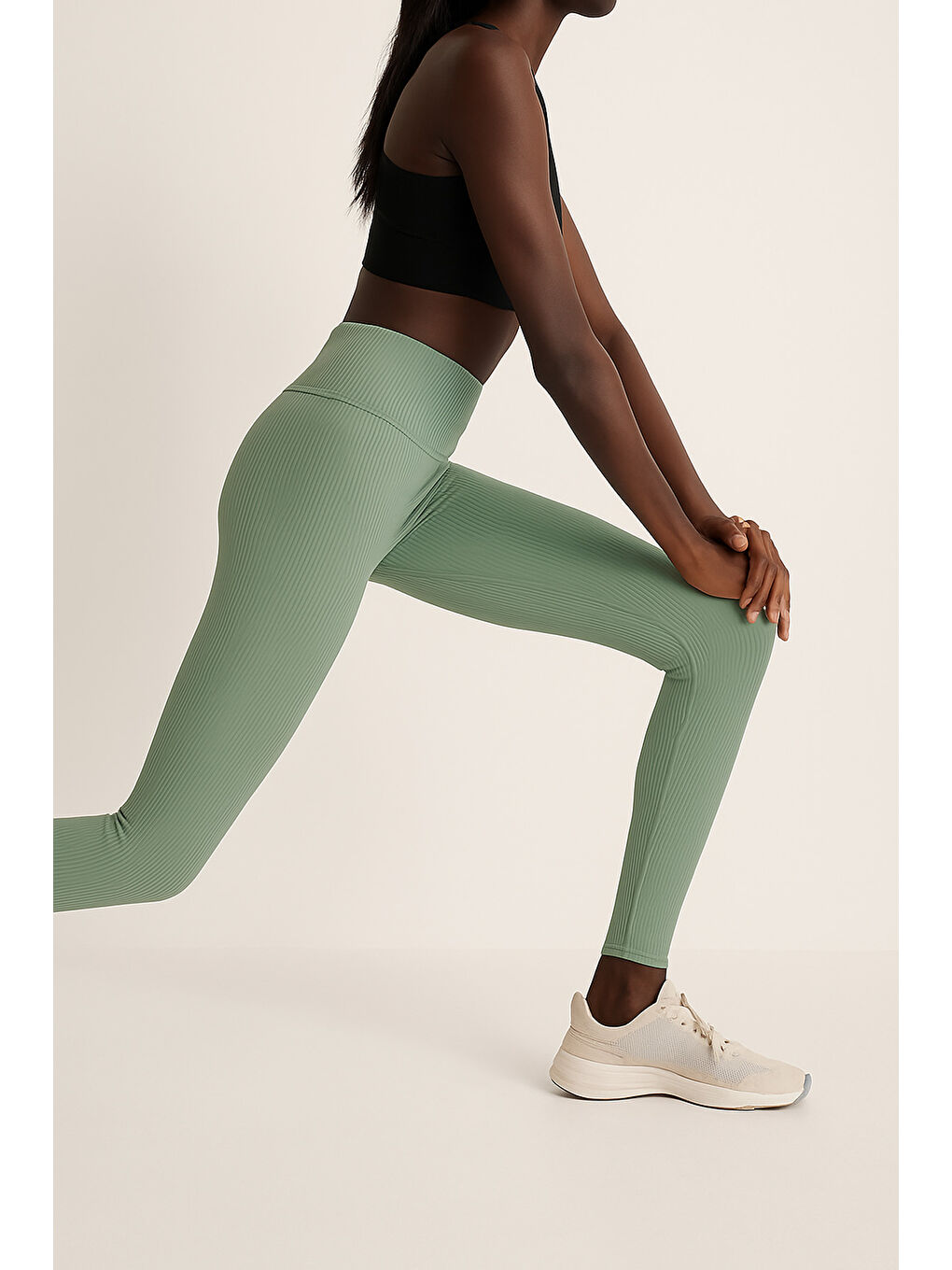 Yeşil Yüksek Bel Toparlayıcı Ripli Fitilli Spor Kadın Tayt-2