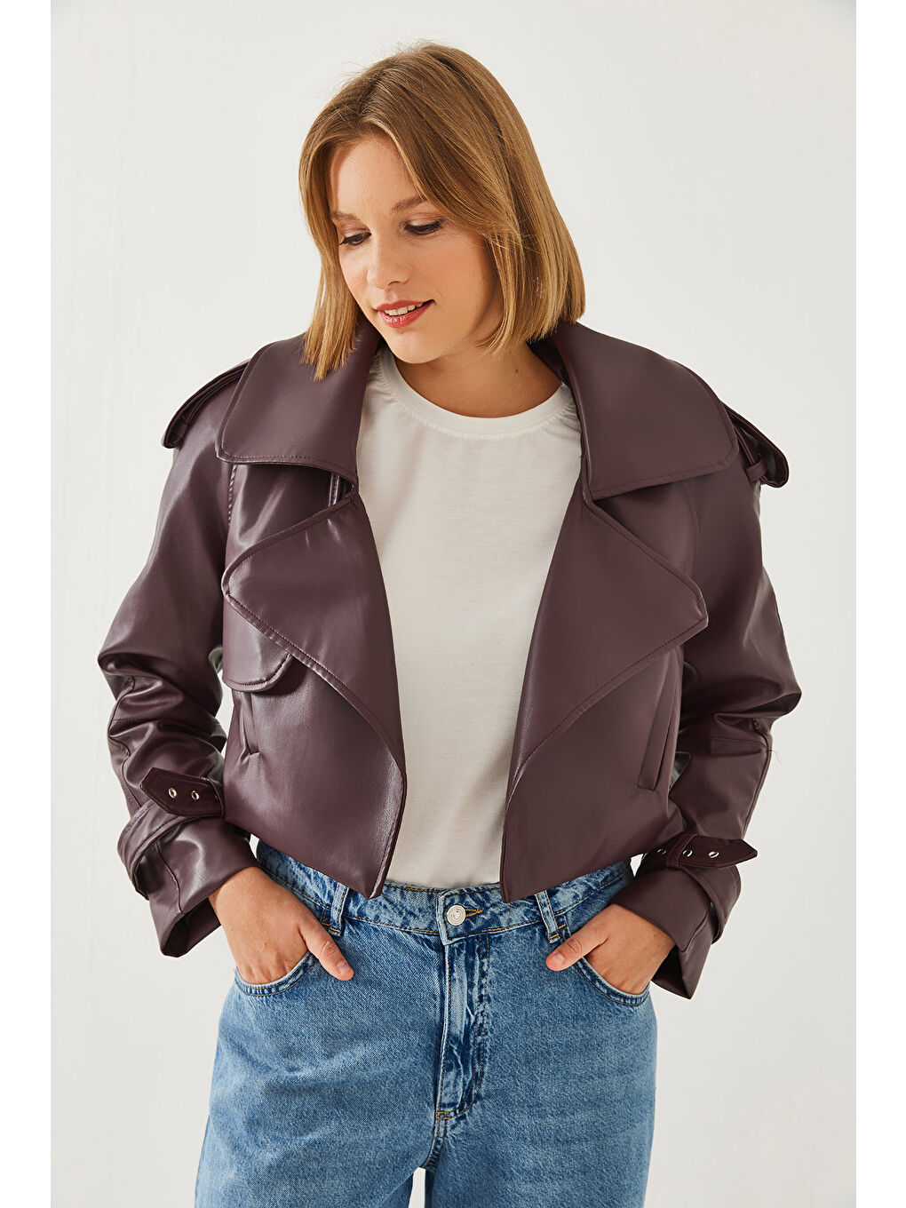 SHADE Bordo Kadın Oversize Suni Deri Ceket - 3