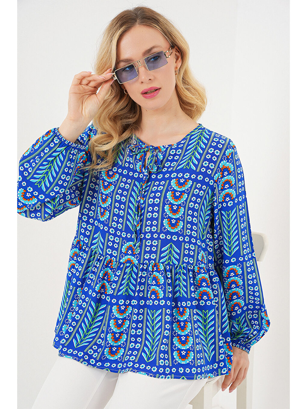 Mavi Kadın Desenli Uzun Kol Bluz 970 - Saks-2
