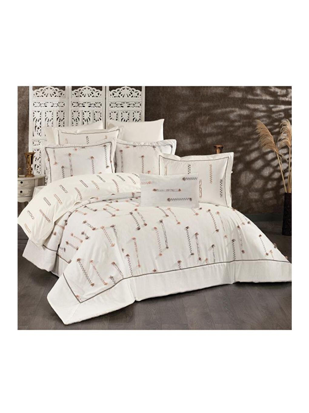 Karışık Çise 10 Parça Çift Kişilik Çeyiz Seti Krem - Kahverengi-1