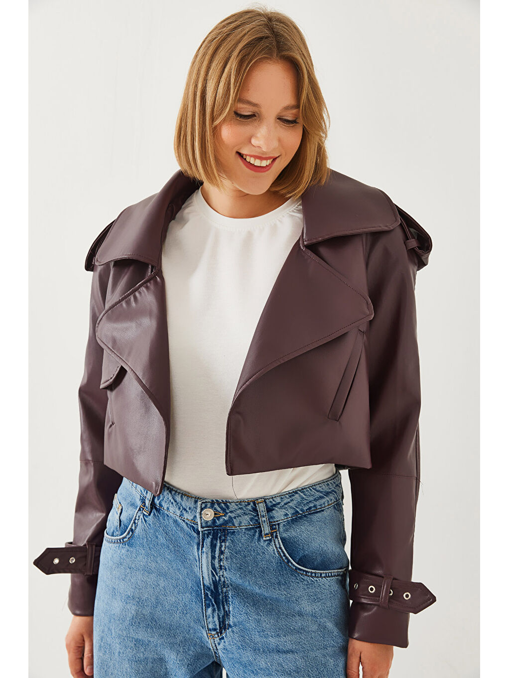 SHADE Bordo Kadın Oversize Suni Deri Ceket - 5
