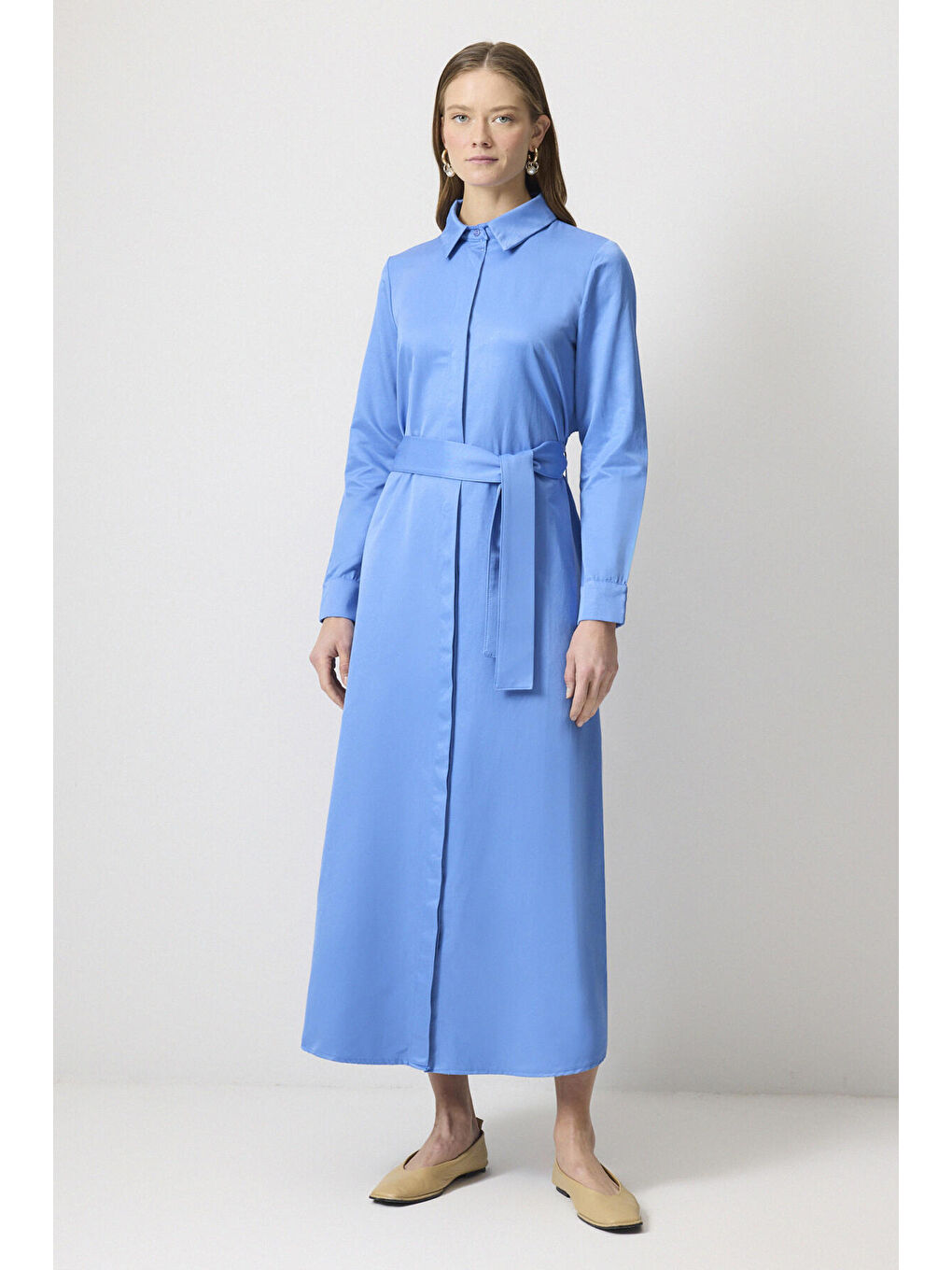 Mavi Kuşaklı Gömlek Elbise-1