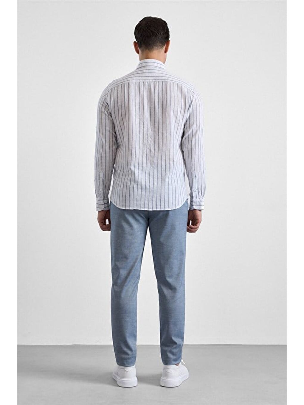 Lacivert Slim Düğmeli Yaka Düz Düz Kapaksız Cep Düğmeli Uzun Kollu Standart Casual Gömlek-4