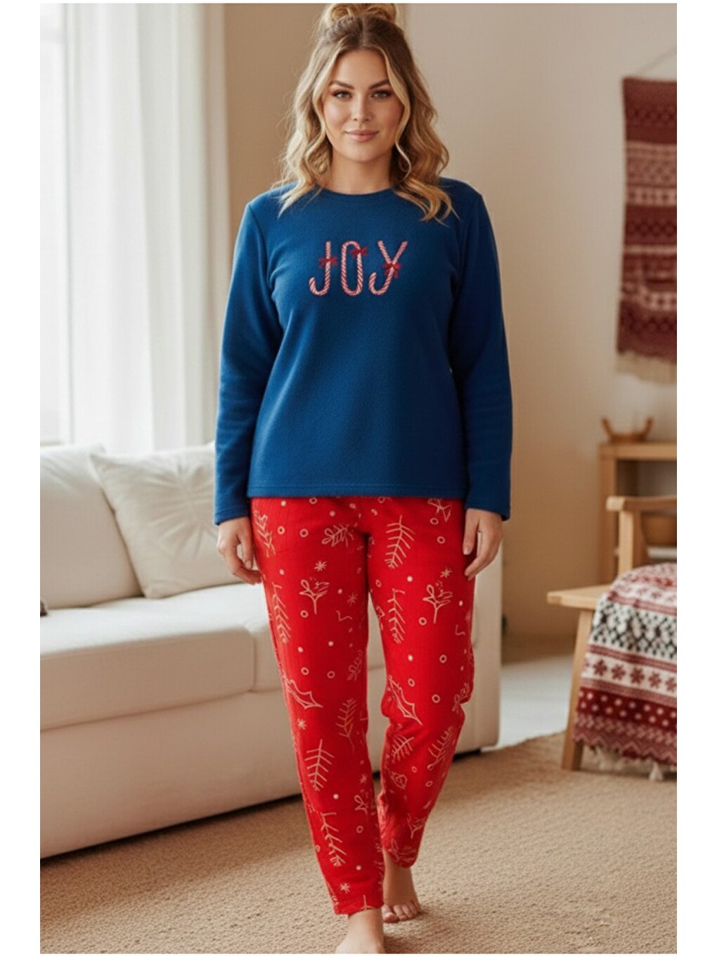 Lacivert Desenli Nakışlı Polar Kışlık Örme Pijama Takım-1