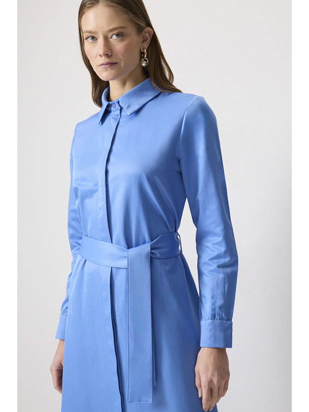 Mavi Kuşaklı Gömlek Elbise-2