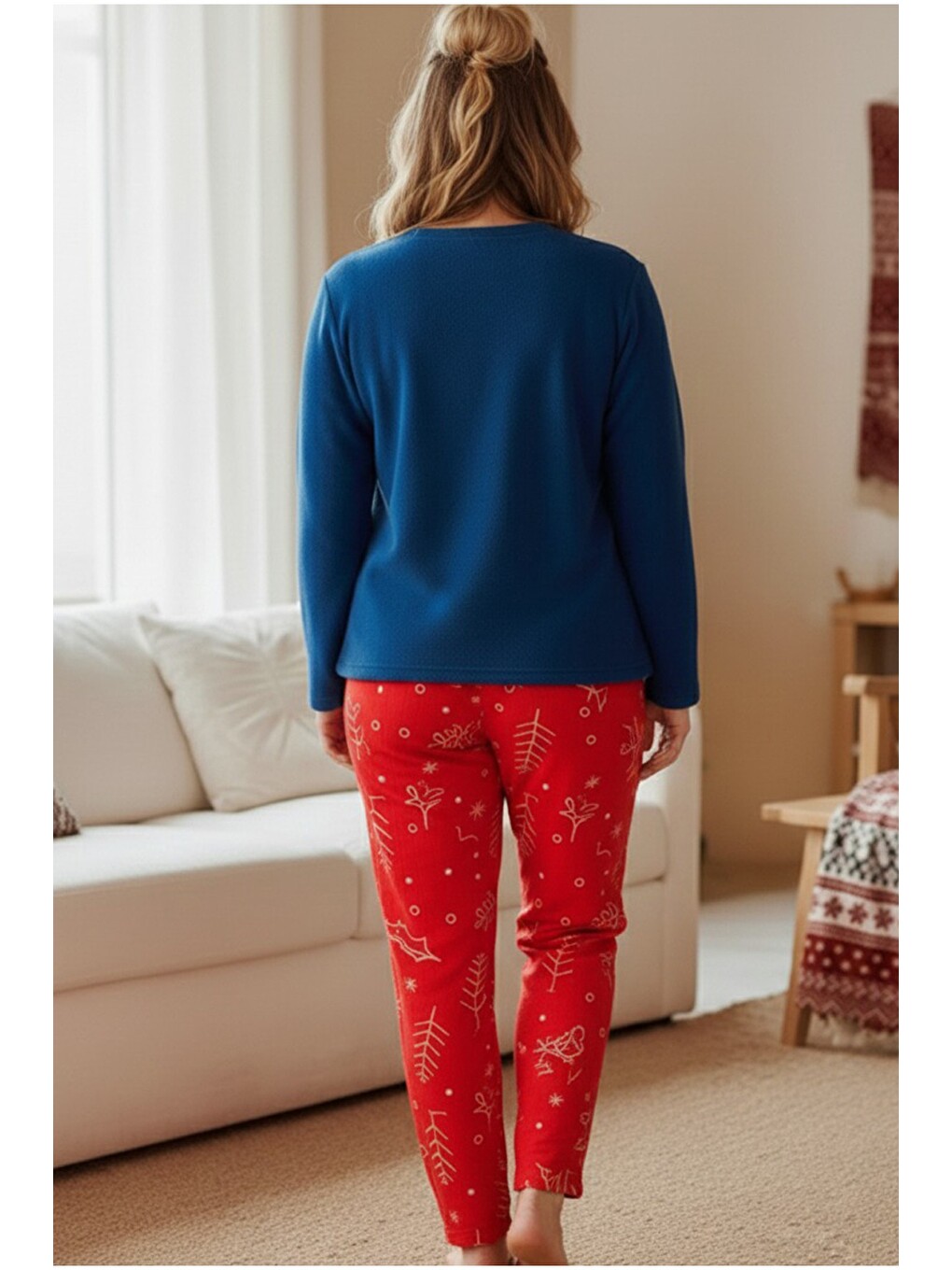 Lacivert Desenli Nakışlı Polar Kışlık Örme Pijama Takım-2