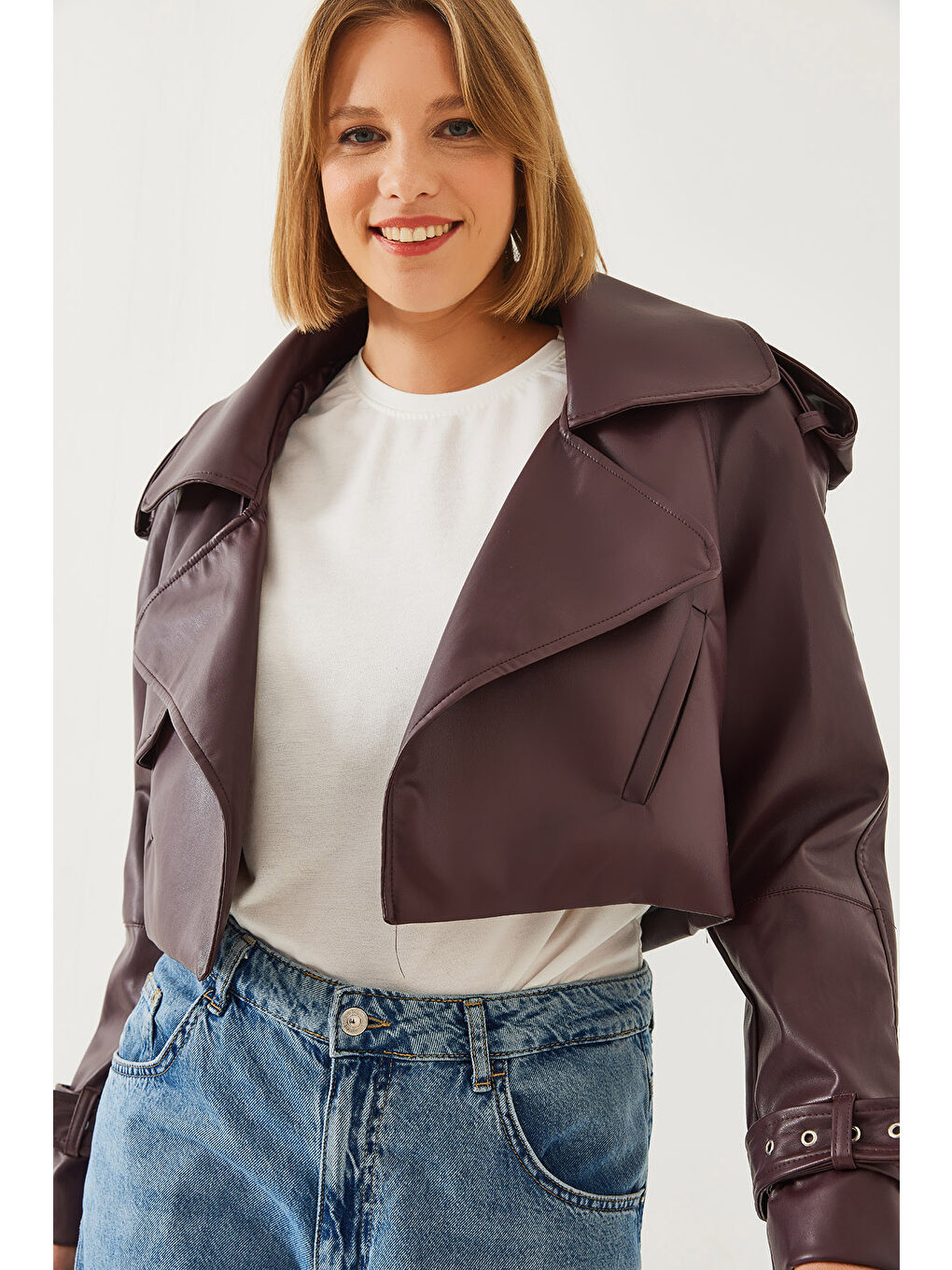 SHADE Bordo Kadın Oversize Suni Deri Ceket - 6