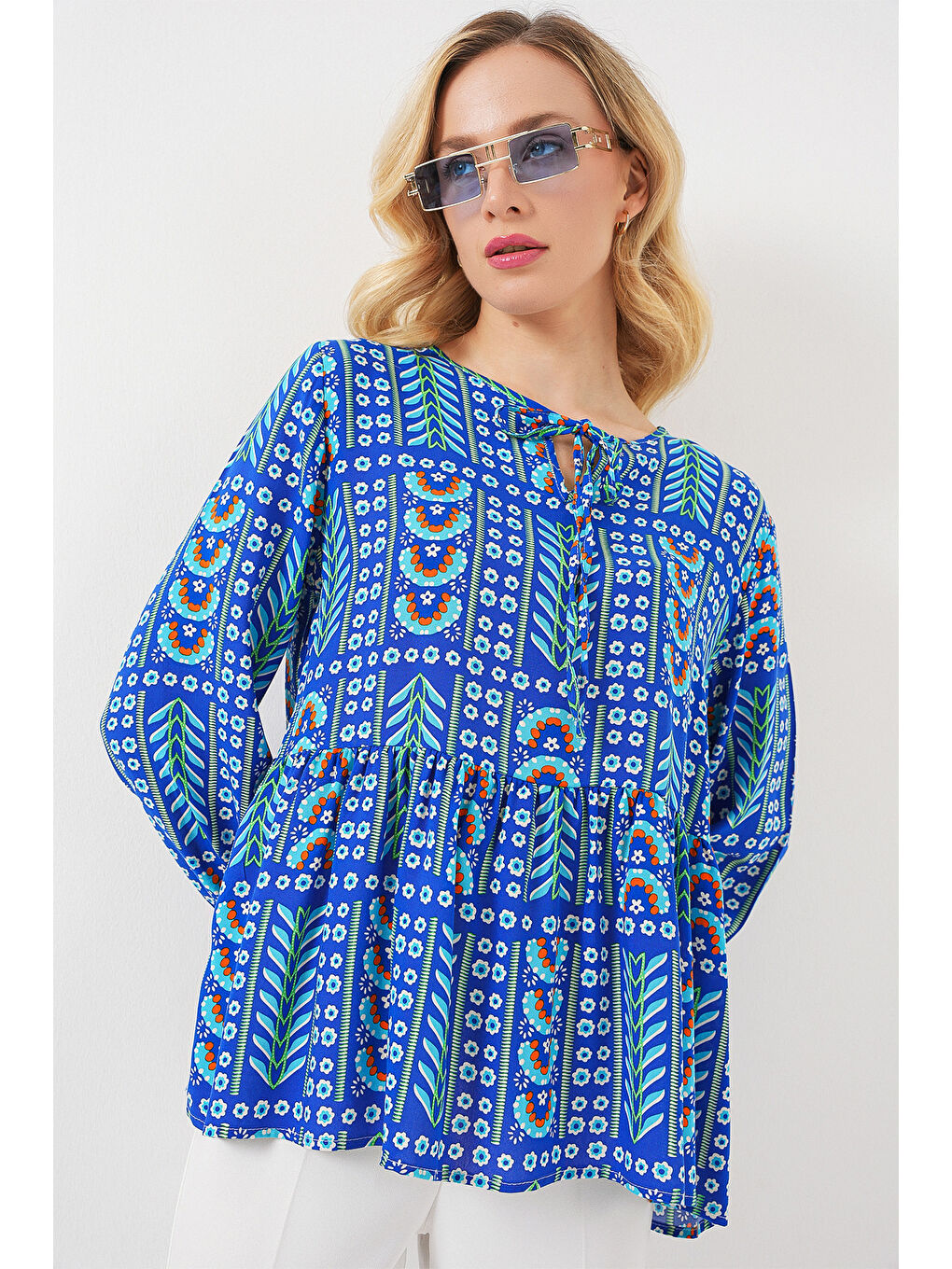 Mavi Kadın Desenli Uzun Kol Bluz 970 - Saks-3