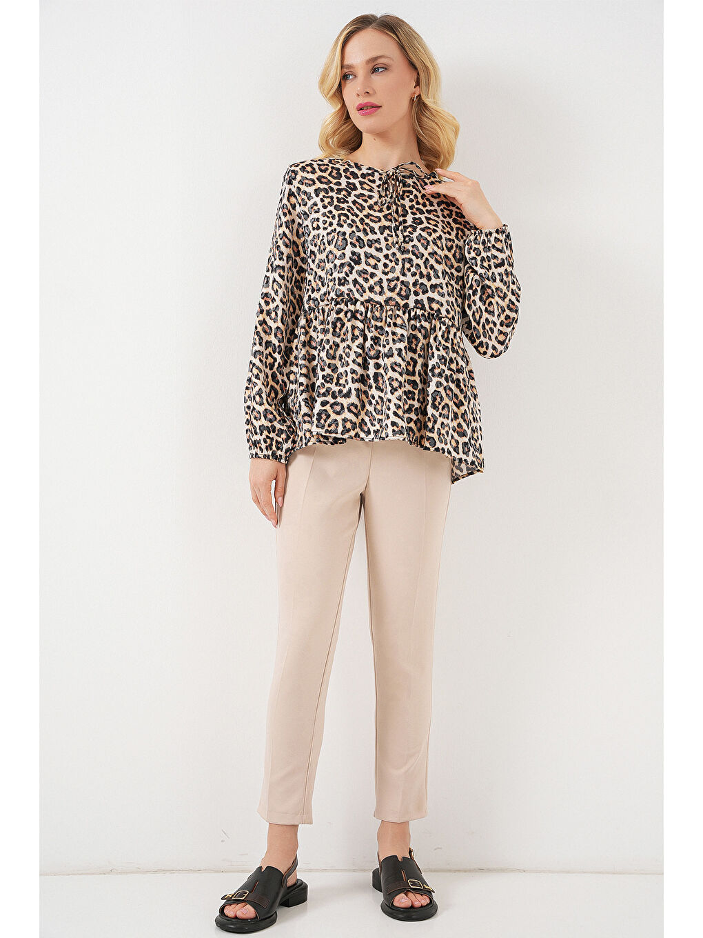 Kadın Desenli Uzun Kol Bluz 970 - C. Kahverengi-1