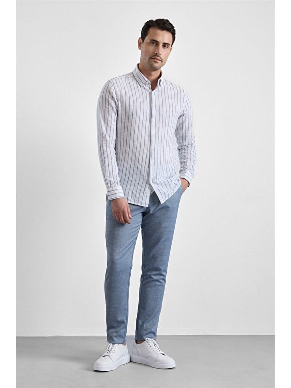 Lacivert Slim Düğmeli Yaka Düz Düz Kapaksız Cep Düğmeli Uzun Kollu Standart Casual Gömlek-5