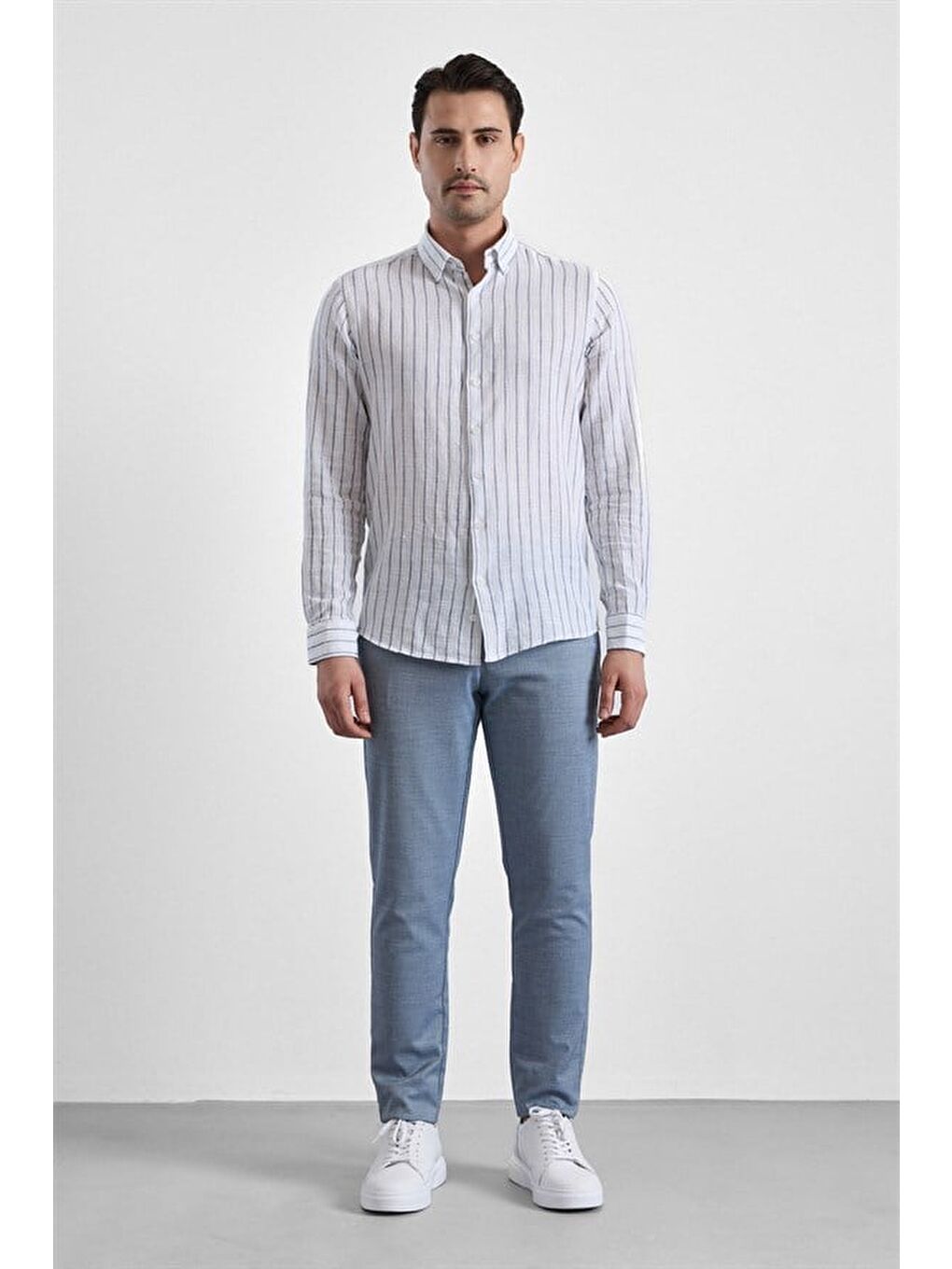 Lacivert Slim Düğmeli Yaka Düz Düz Kapaksız Cep Düğmeli Uzun Kollu Standart Casual Gömlek-6