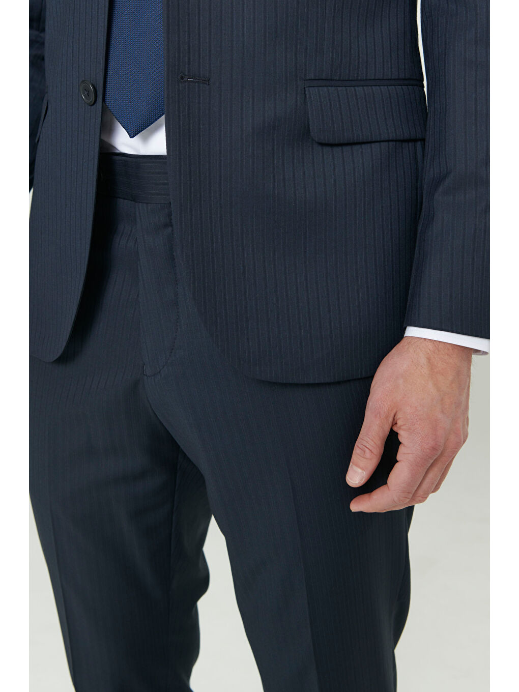 Erkek Lacivert Ekstra Slim Fit Dar Kesim Kırlangıç Yaka Yünlü Çizgili Takım Elbise-8