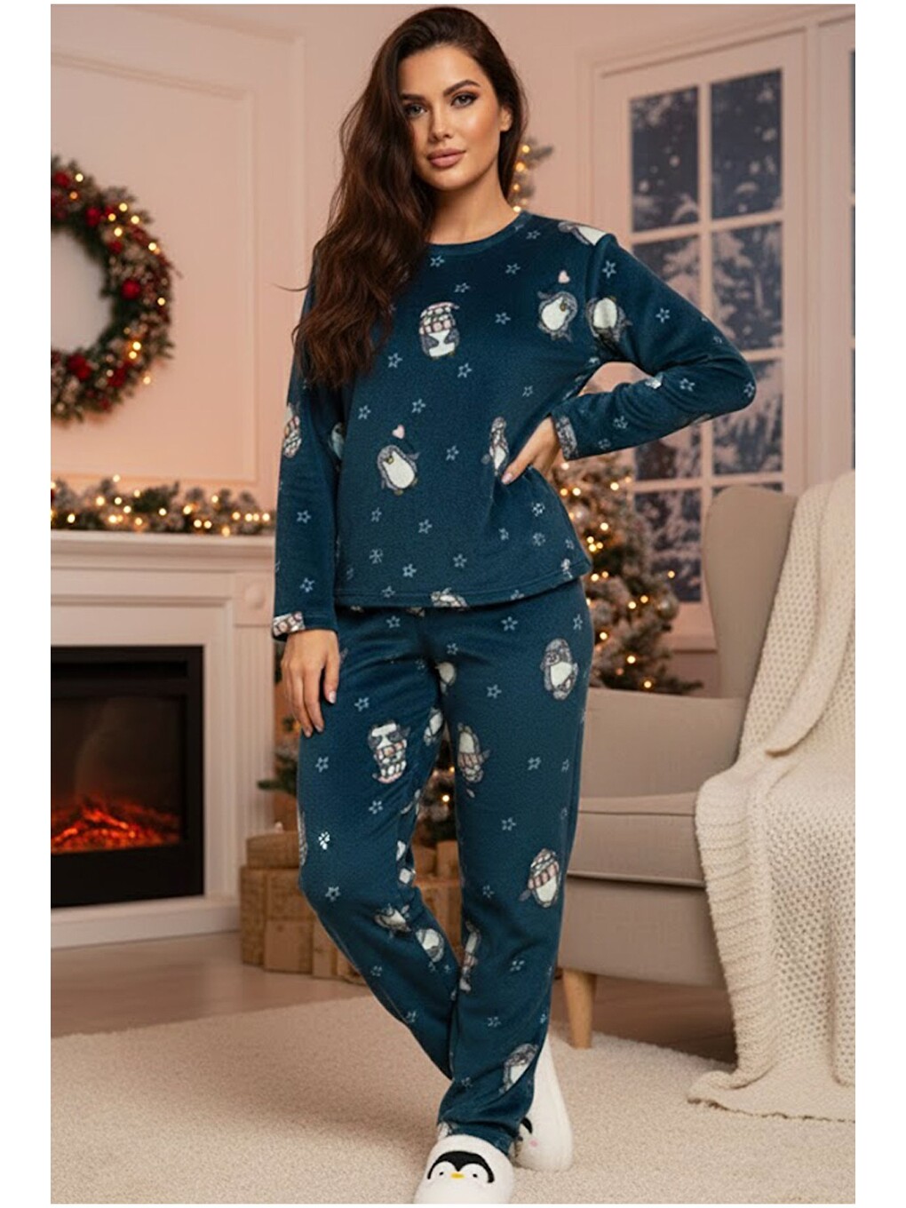 Petrol Polar Kışlık Örme Pijama Takım-1