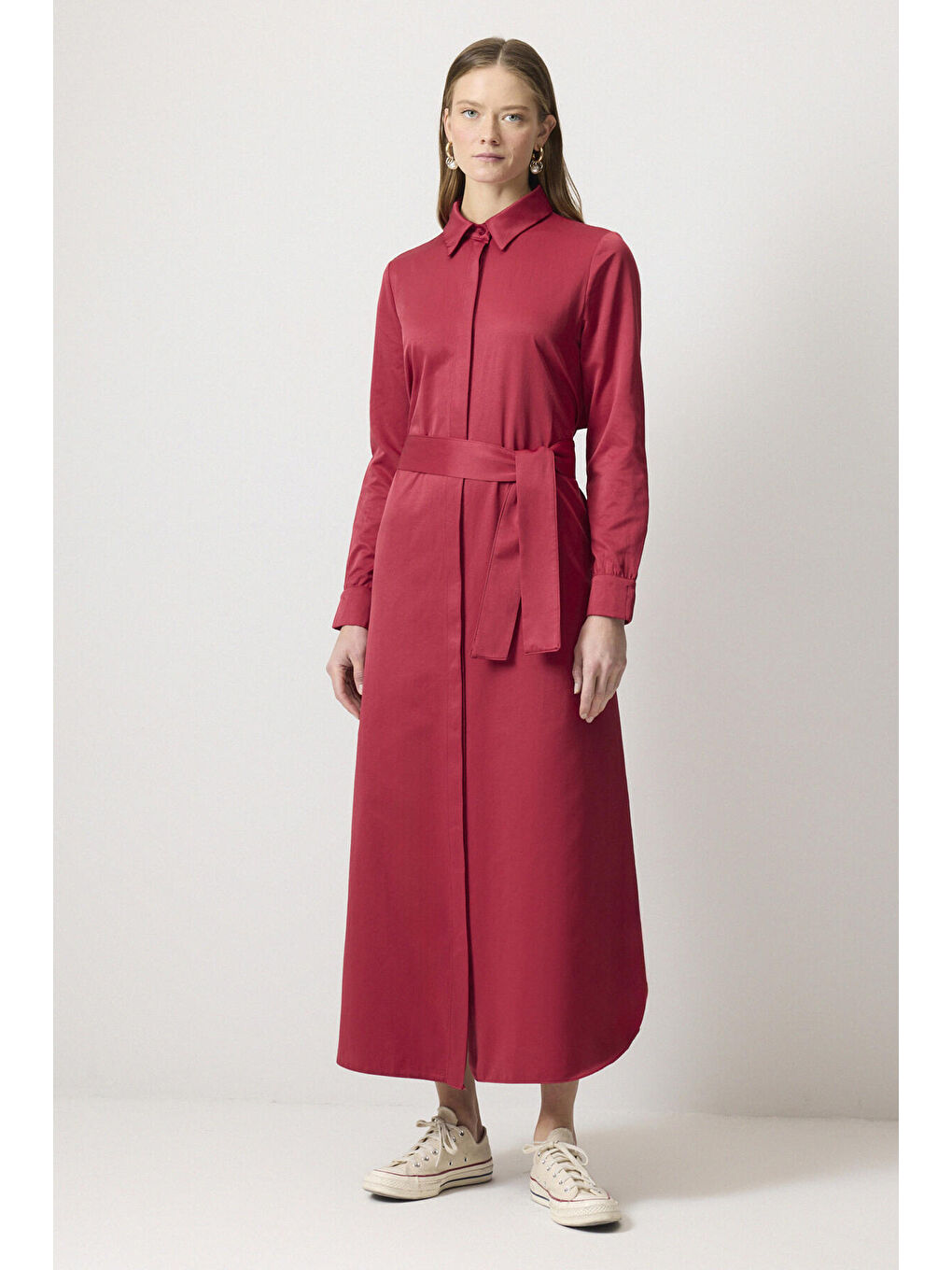 Kırmızı Kuşaklı Gömlek Elbise-1