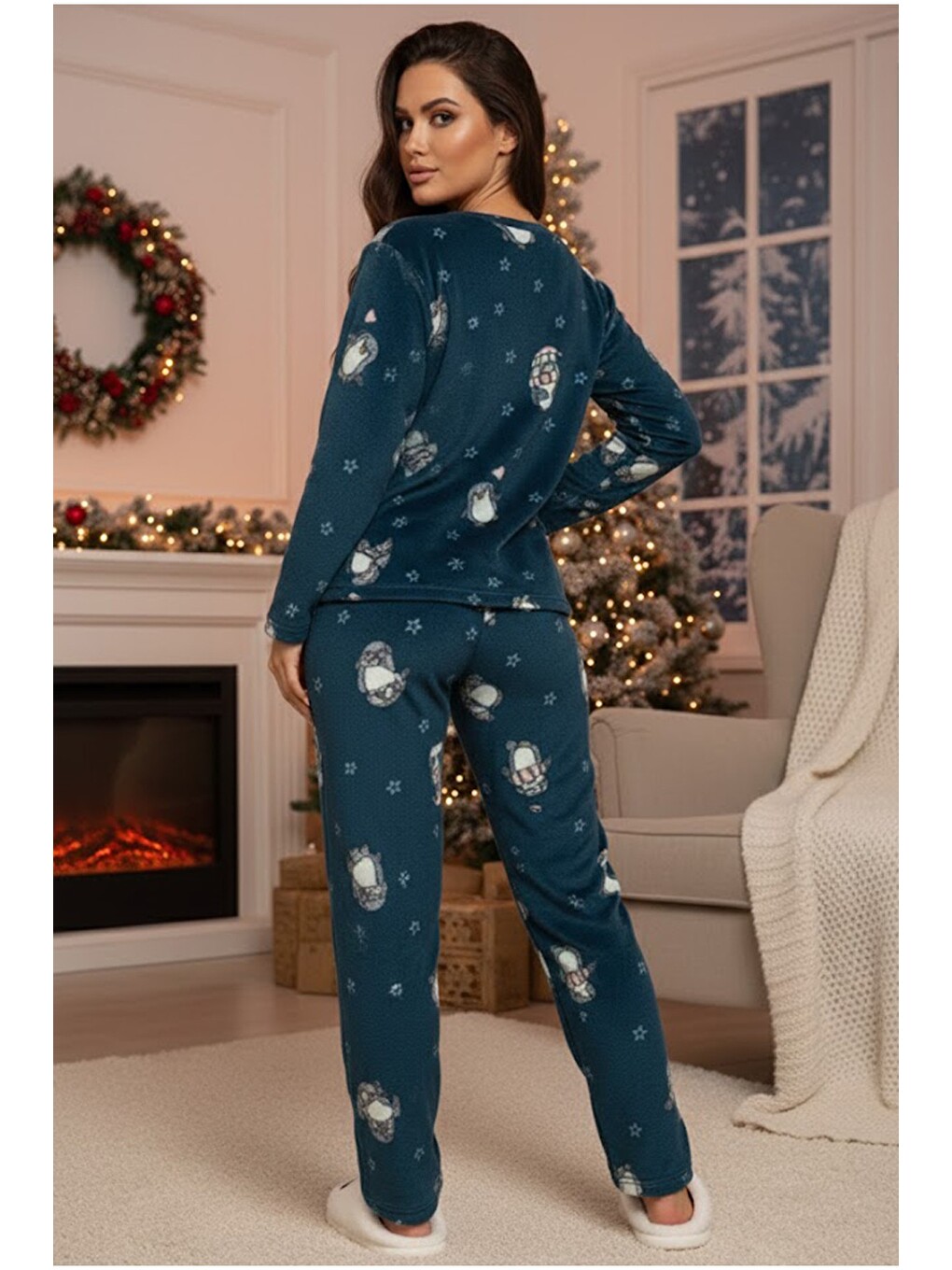 Petrol Polar Kışlık Örme Pijama Takım-2