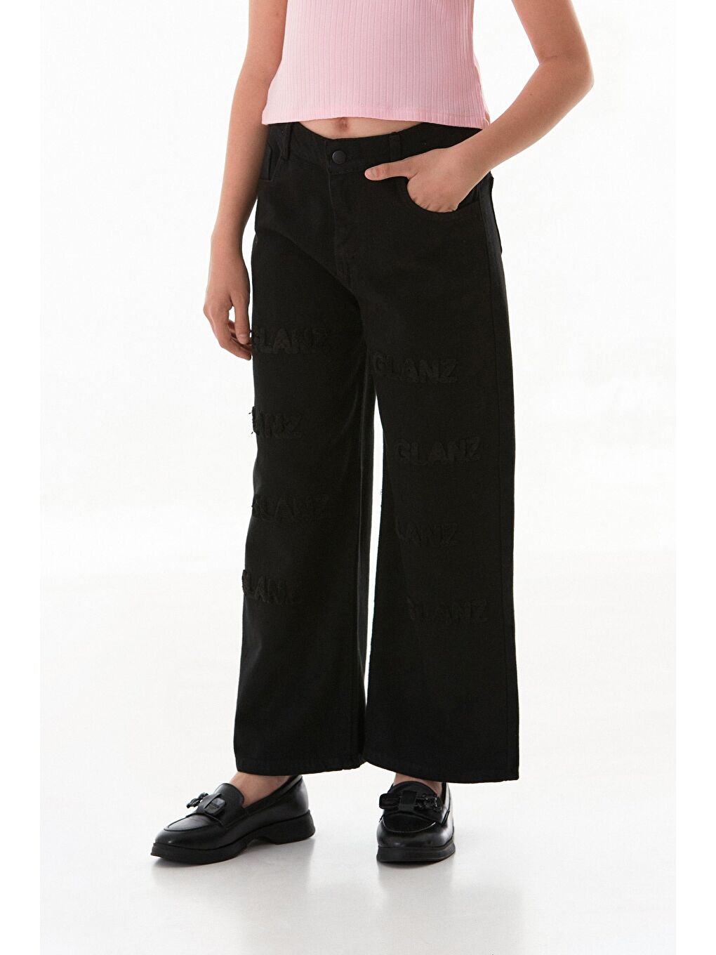 Siyah %100 Pamuk Glanz Yazı Nakışlı Kız Çocuk Palazzo Pantolon-1