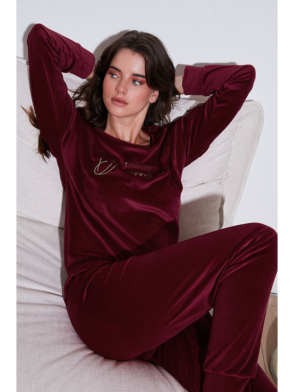 Bordo Standart Fit Bisiklet Yaka Kadın Pijama Takımı 6094202
