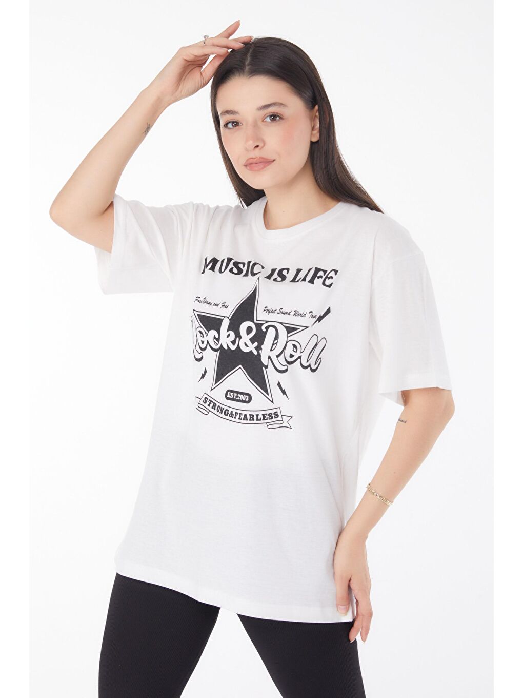 TOFİSA Beyaz Düz Bisiklet Yaka Kadın Beyaz Baskılı T-shirt - 25700