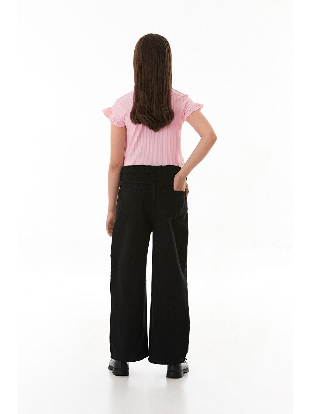 Siyah %100 Pamuk Glanz Yazı Nakışlı Kız Çocuk Palazzo Pantolon-4