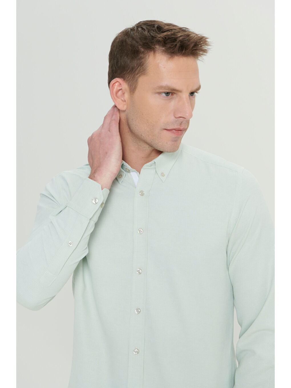 Erkek Yeşil Slim Fit Dar Kesim Düğmeli Yaka Armürlü Pamuklu Gömlek-4