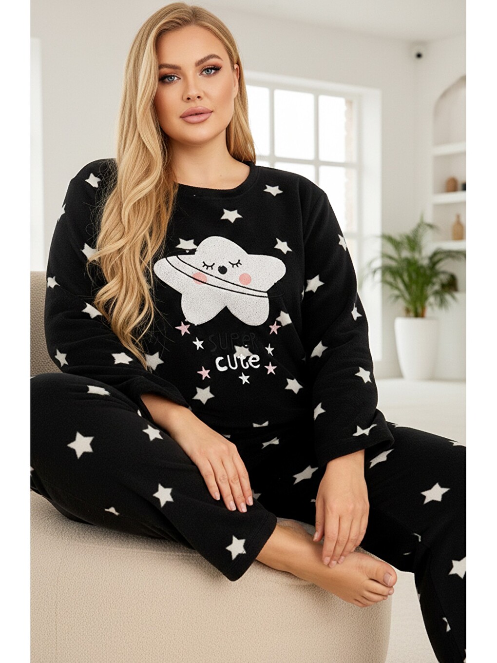 Siyah Beden Polar Kışlık Örme Pijama Takım