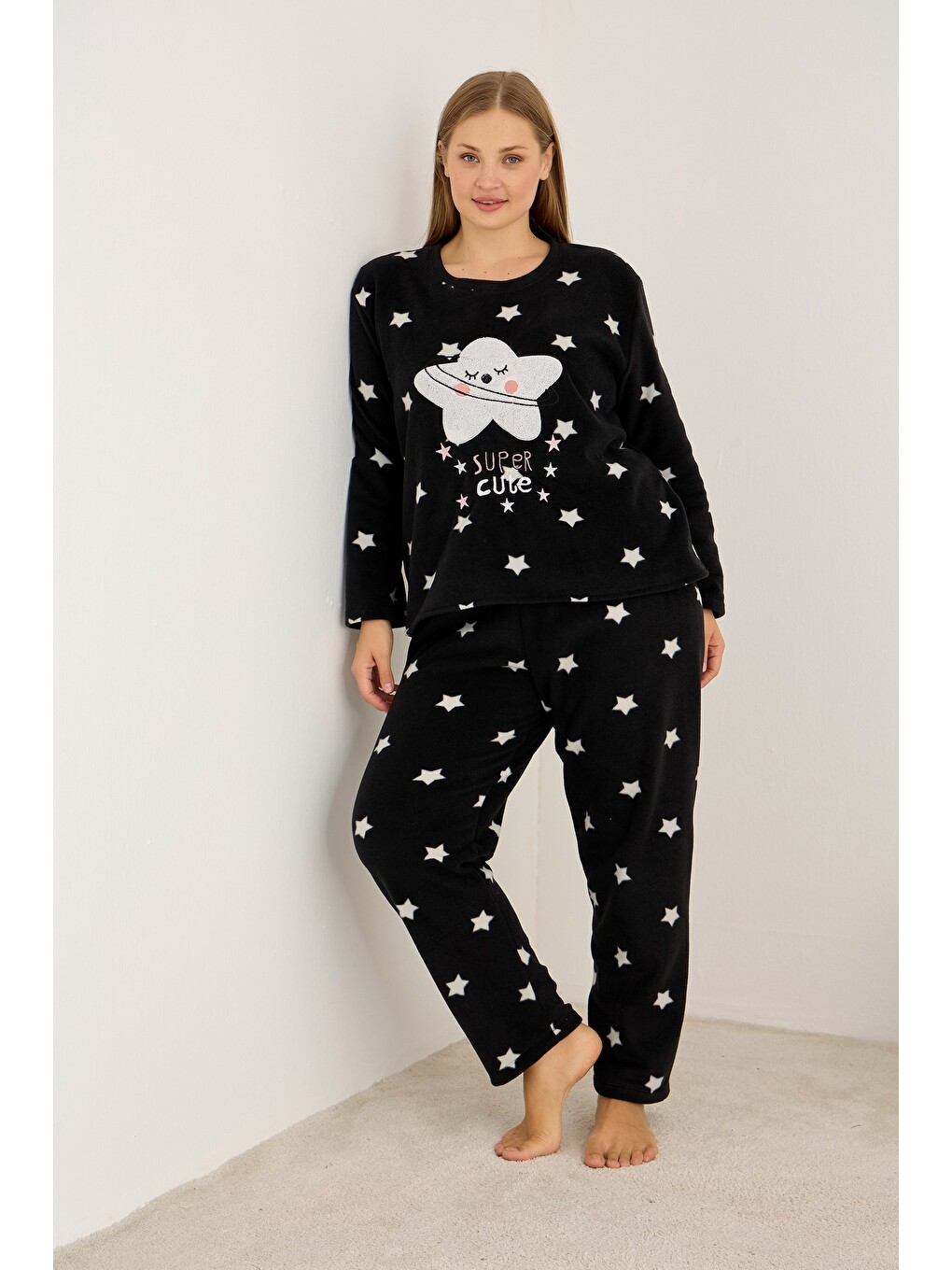 Siyah Beden Polar Kışlık Örme Pijama Takım-1