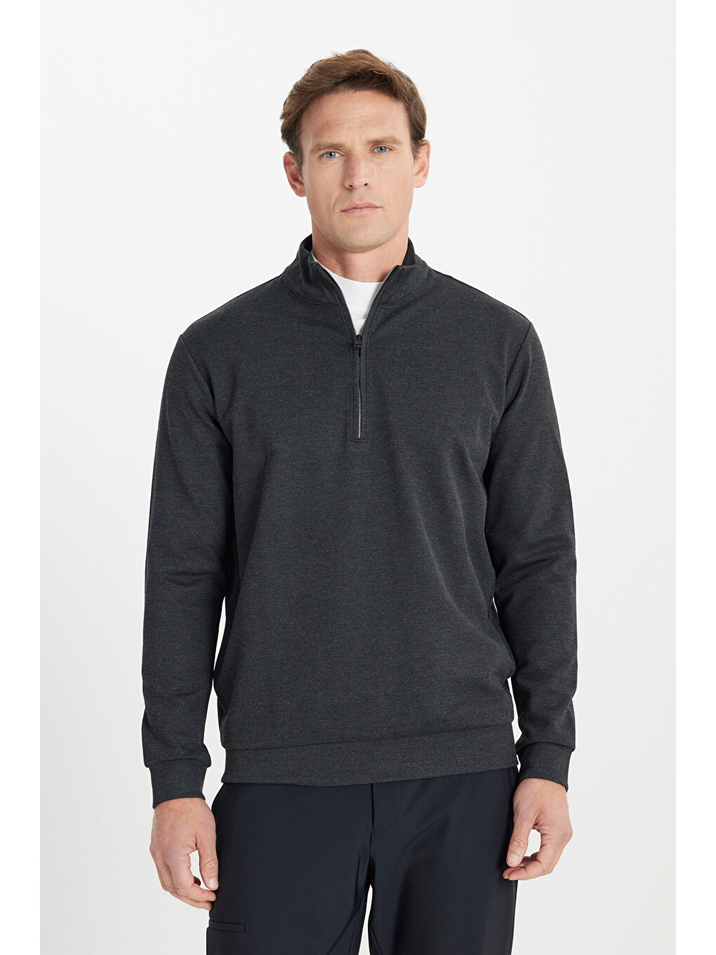 Erkek Antrasit-Melanj Sıcak Tutan Regular Fit Rahat Kesim Bato Dik Yaka Esnek Sweatshirt