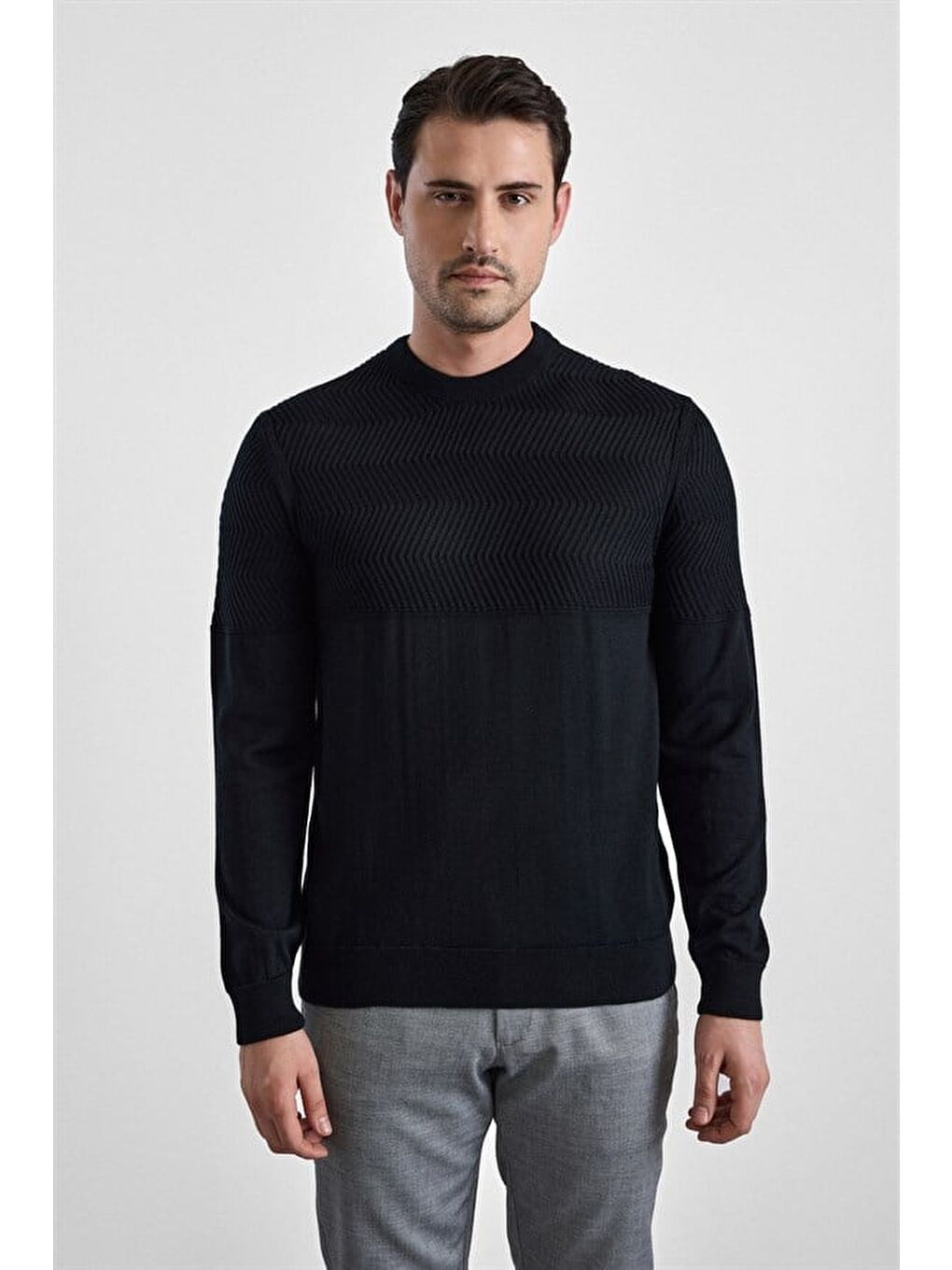 Siyah Regular Dikey Çizgili Bisiklet Yaka Kazak