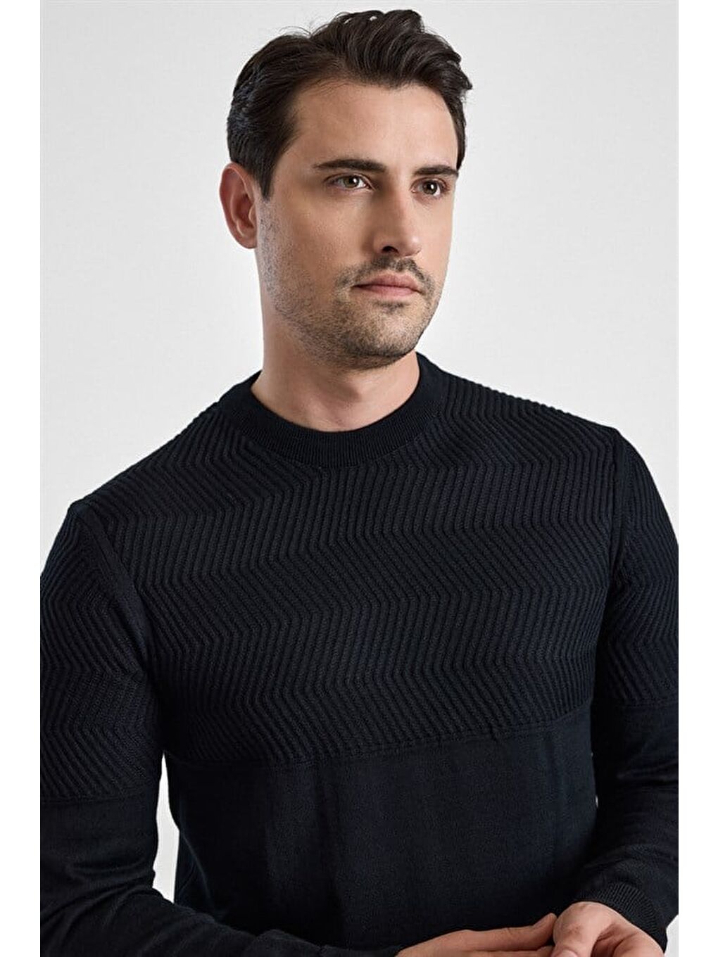 Siyah Regular Dikey Çizgili Bisiklet Yaka Kazak-1