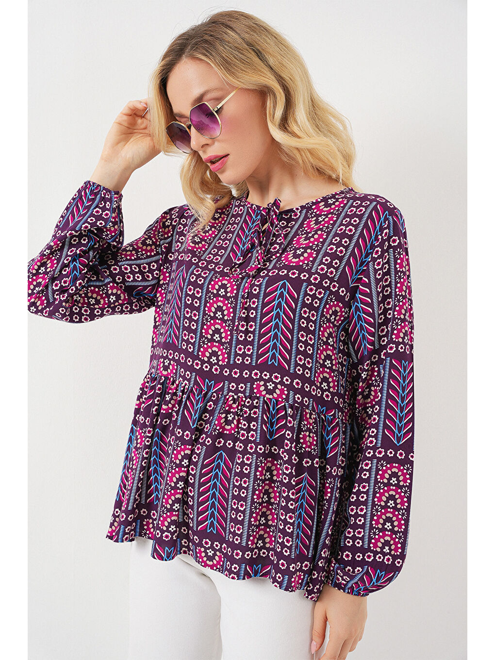 Kadın Desenli Uzun Kol Bluz 970 - Bordo