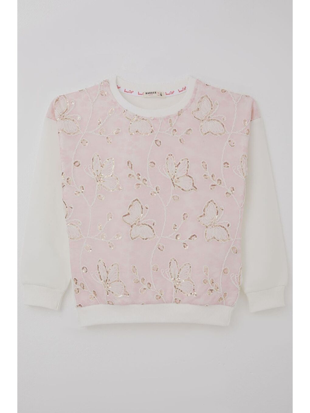 Kız Çocuk Sweatshirt Pullu Kelebek İşlemeli Tülü Çiçek Detaylı Pembe (8-12 Yaş)