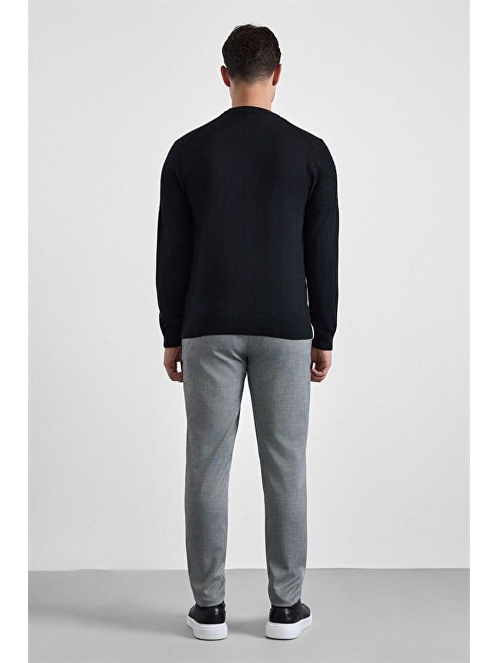 Siyah Regular Dikey Çizgili Bisiklet Yaka Kazak-2