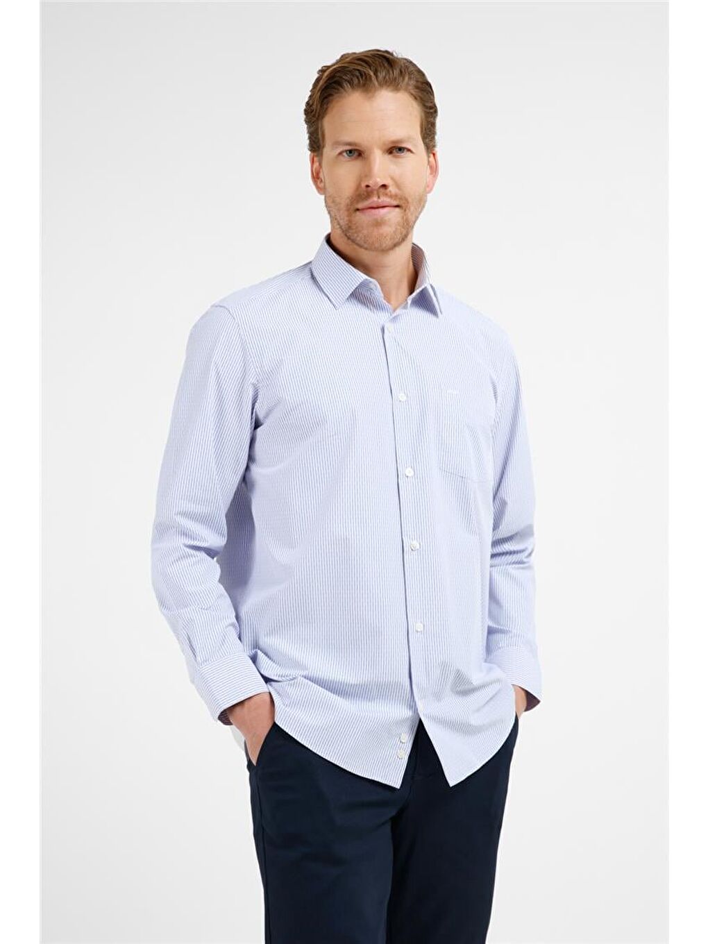 Mavi - Beyaz Çizgili Desen Sert Yaka Uzun Kol Cepli Comfort Fit Pamuklu Gömlek 1004255210