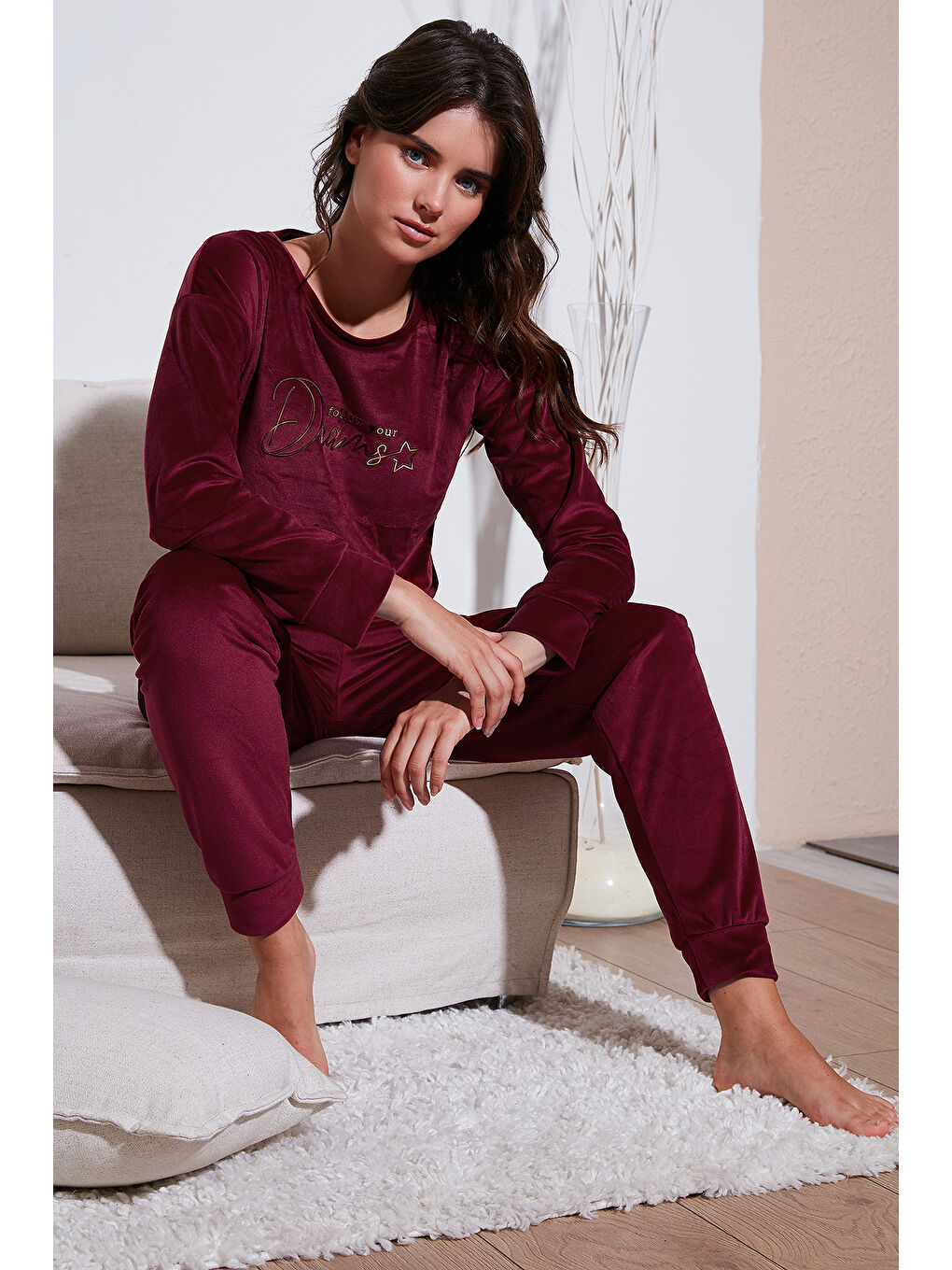 Bordo Standart Fit Bisiklet Yaka Kadın Pijama Takımı 6094202-1