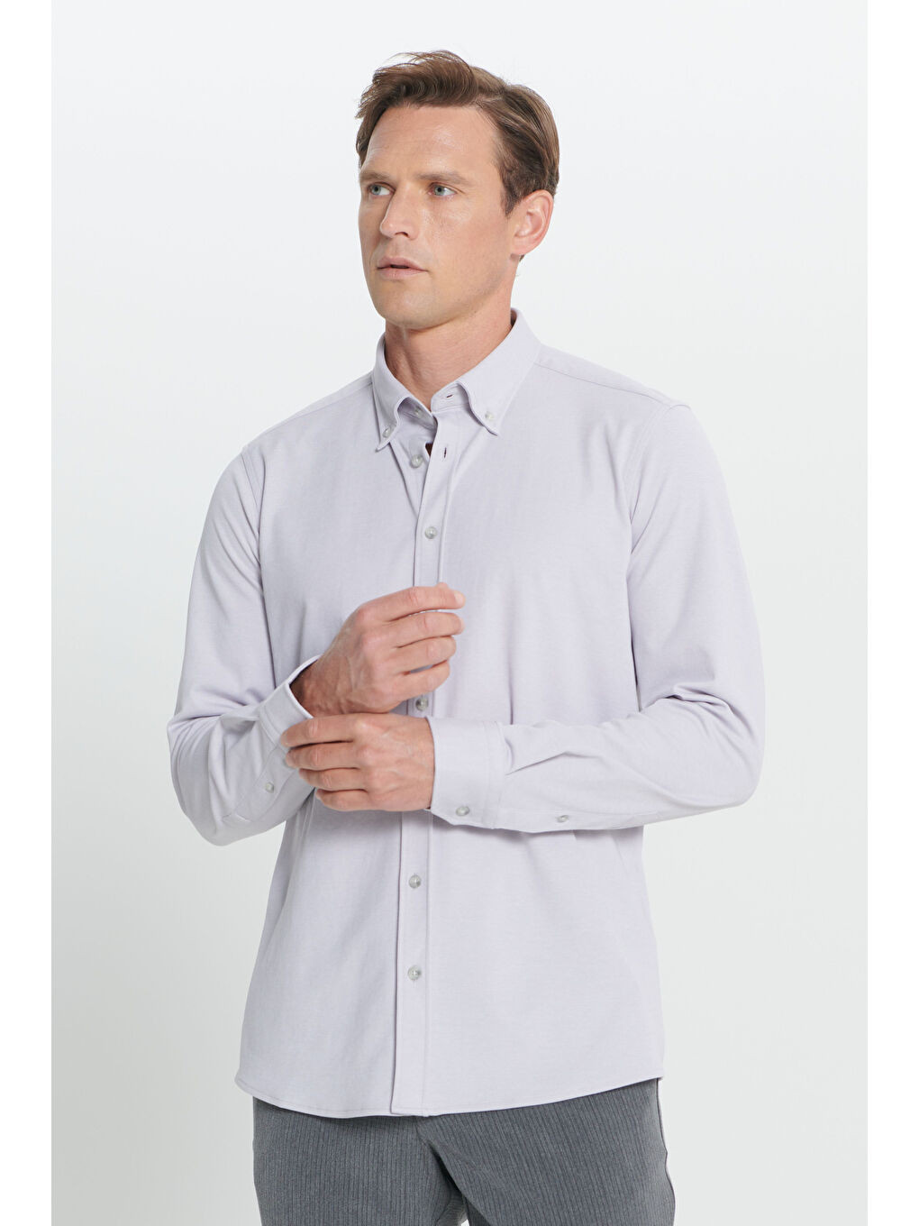 Erkek Gri Comfort Fit Geniş Kesim Düğmeli Yaka Pamuklu Gömlek-3