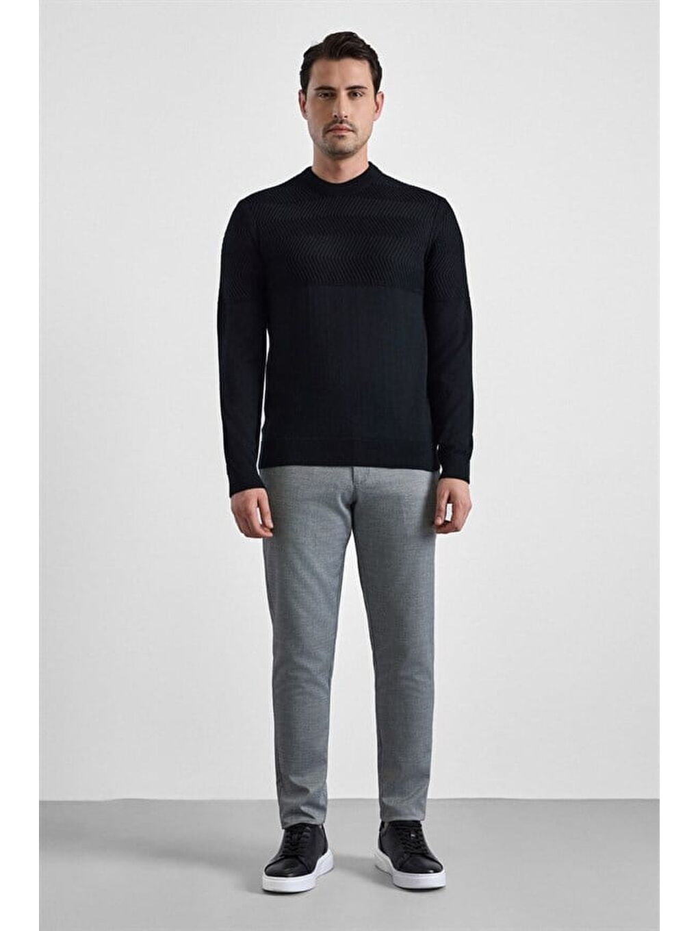 Siyah Regular Dikey Çizgili Bisiklet Yaka Kazak-3