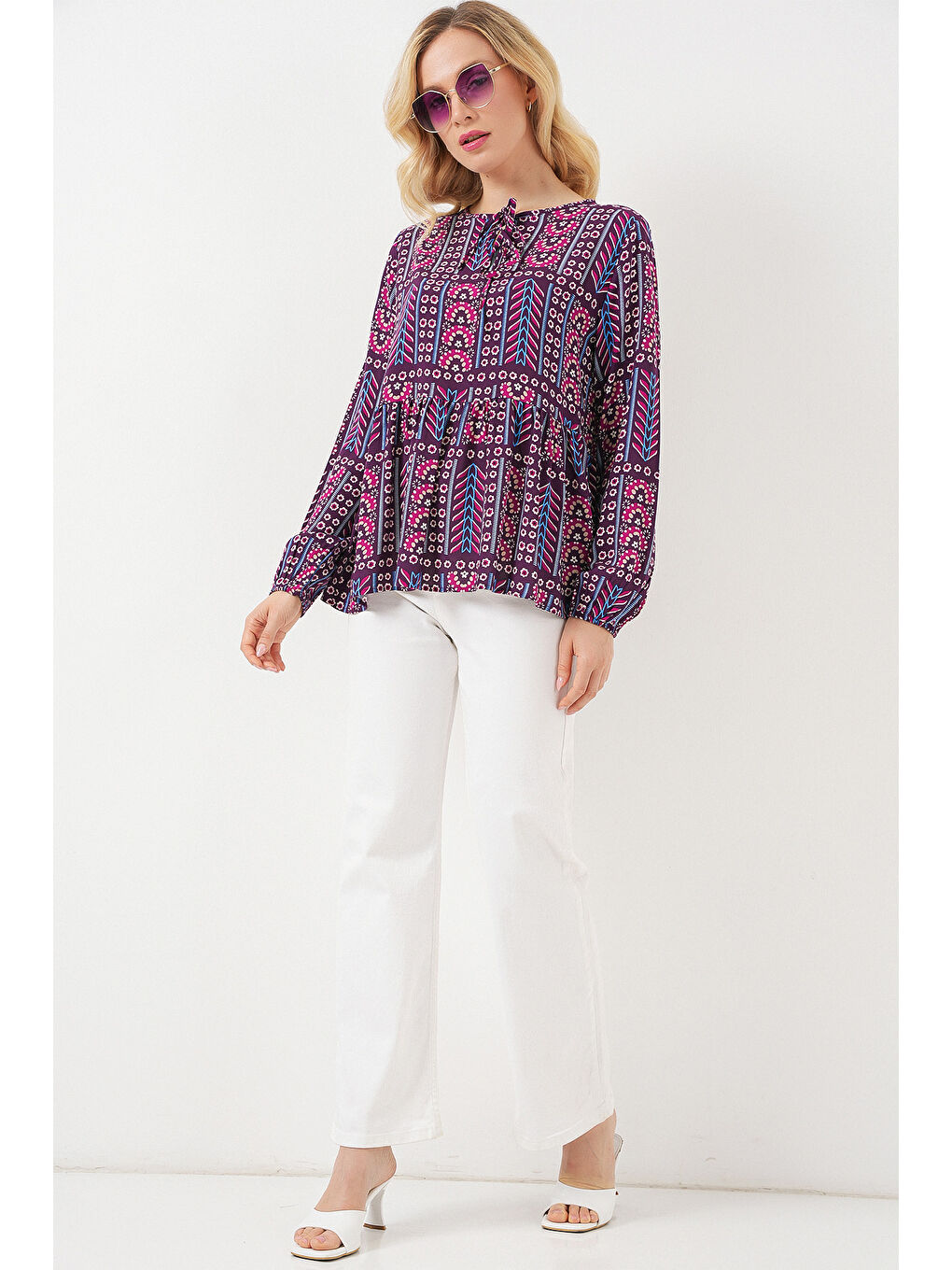 Kadın Desenli Uzun Kol Bluz 970 - Bordo-1