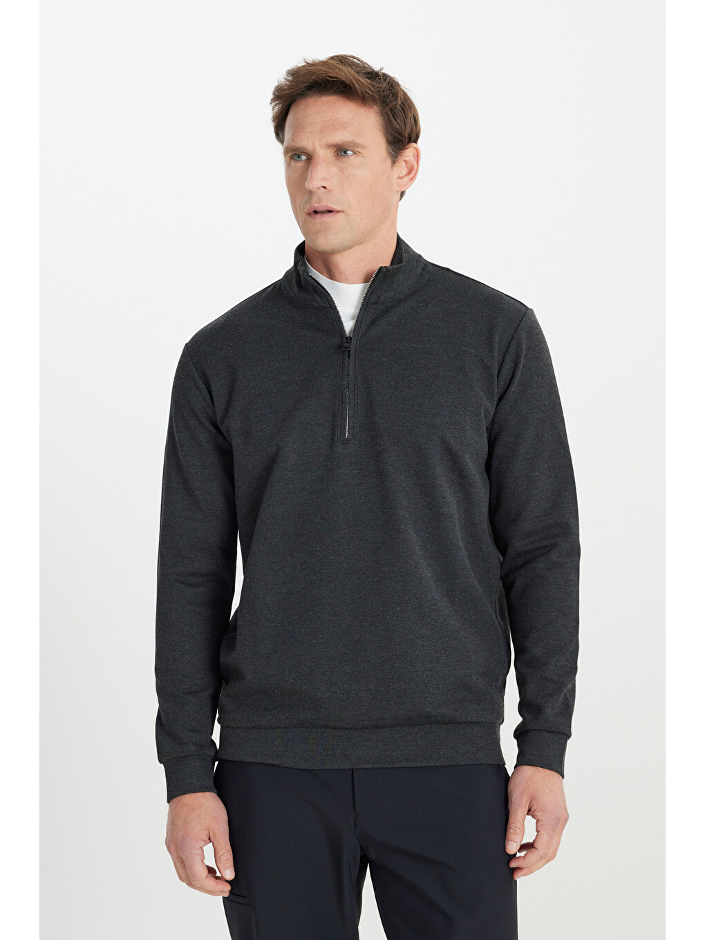 Erkek Antrasit-Melanj Sıcak Tutan Regular Fit Rahat Kesim Bato Dik Yaka Esnek Sweatshirt-2