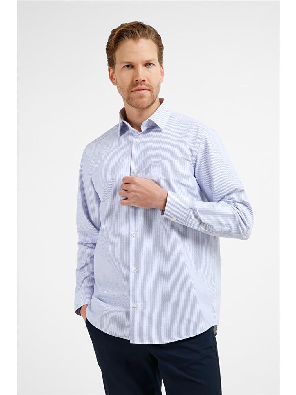 Mavi - Beyaz Çizgili Desen Sert Yaka Uzun Kol Cepli Comfort Fit Pamuklu Gömlek 1004255210-2