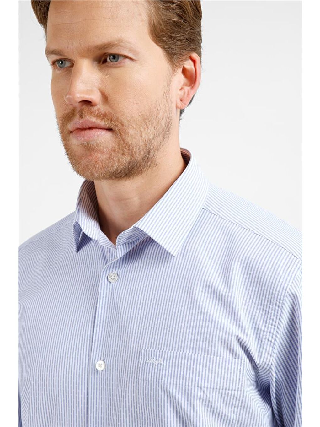 Mavi - Beyaz Çizgili Desen Sert Yaka Uzun Kol Cepli Comfort Fit Pamuklu Gömlek 1004255210-3