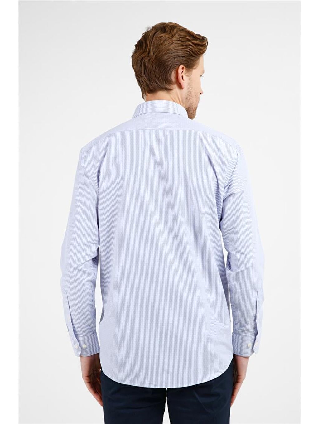 Mavi - Beyaz Çizgili Desen Sert Yaka Uzun Kol Cepli Comfort Fit Pamuklu Gömlek 1004255210-4