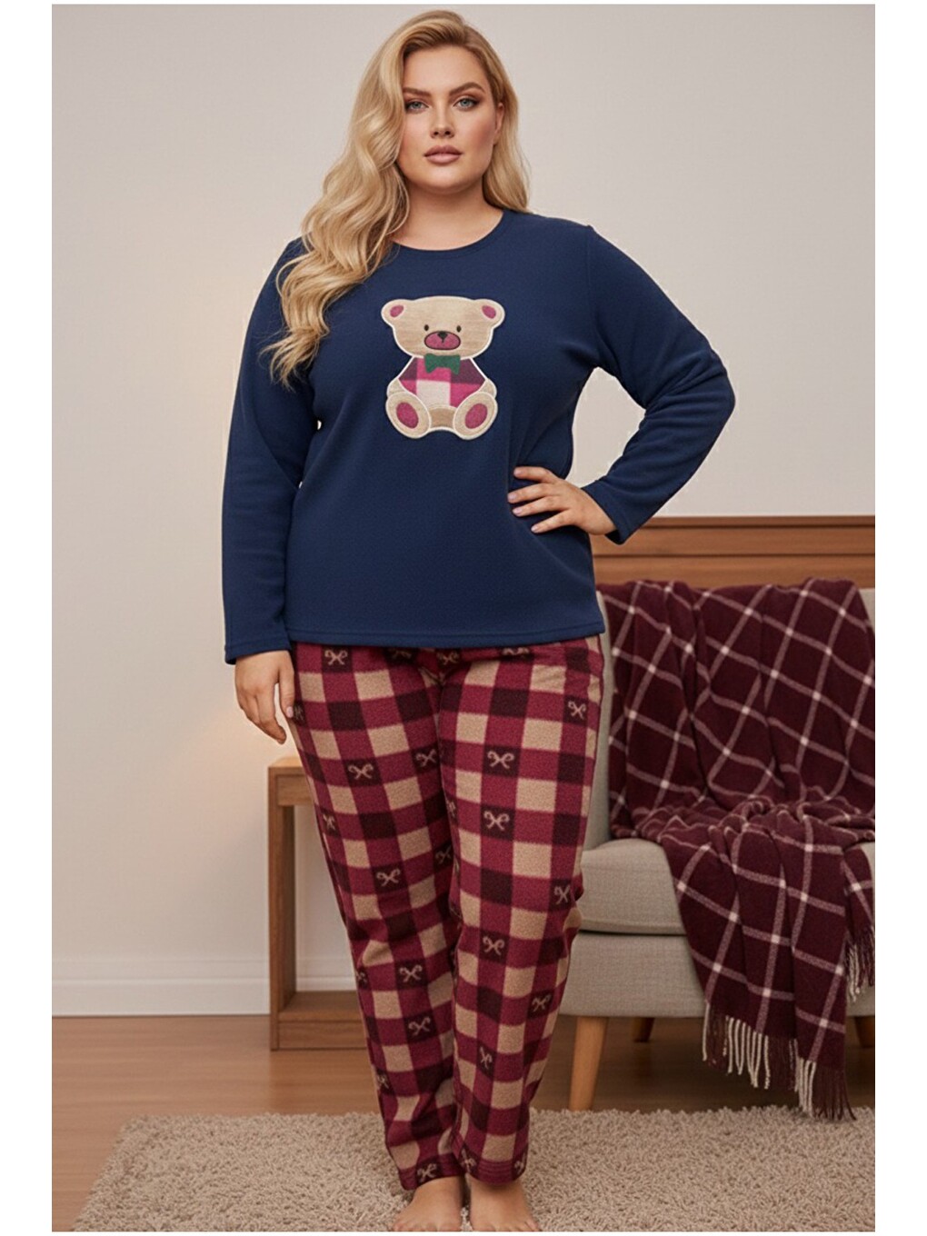 Lacivert Beden Polar Kışlık Örme Pijama Takım-1