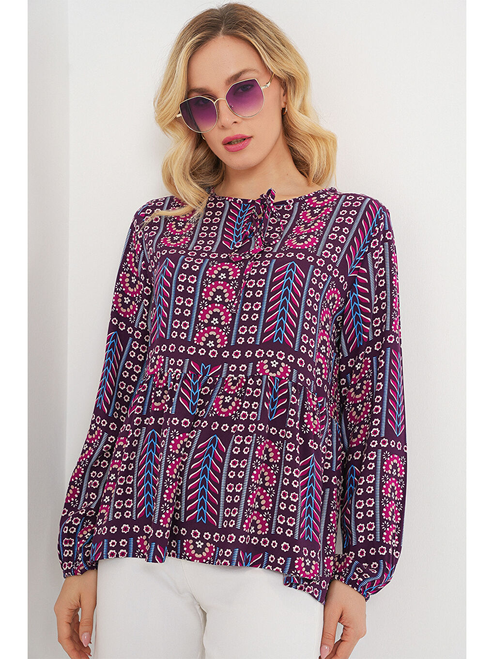 Kadın Desenli Uzun Kol Bluz 970 - Bordo-2