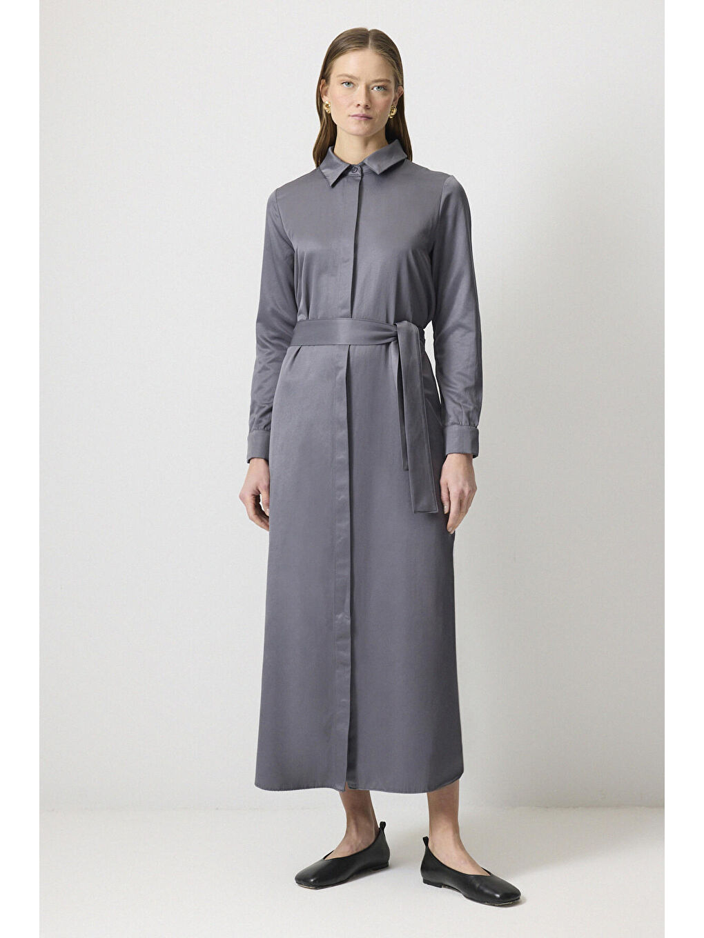 Gri Kuşaklı Gömlek Elbise-1