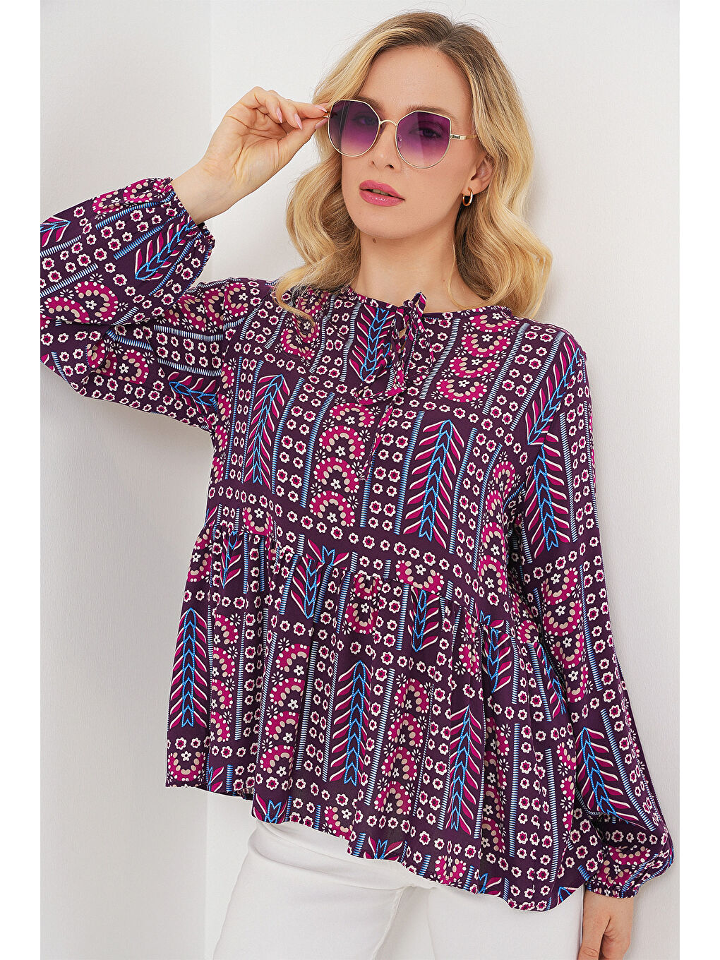 Kadın Desenli Uzun Kol Bluz 970 - Bordo-3