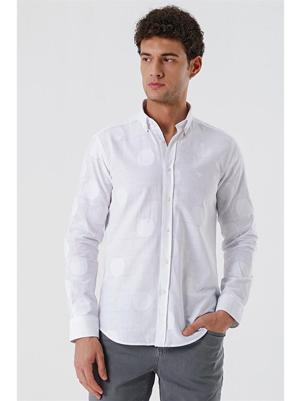 Beyaz Kısalabilir Kollu Desenli  %100 Pamuk Casual Slim Fit Gömlek 1004230183